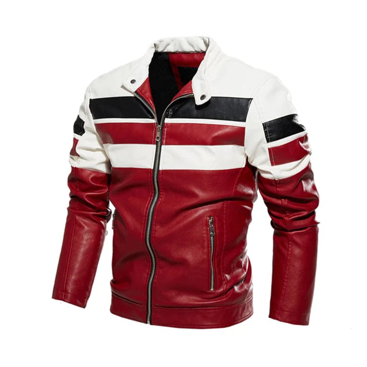 MEN’S STRIPED COLOR BLOCK LEATHER JACKET​