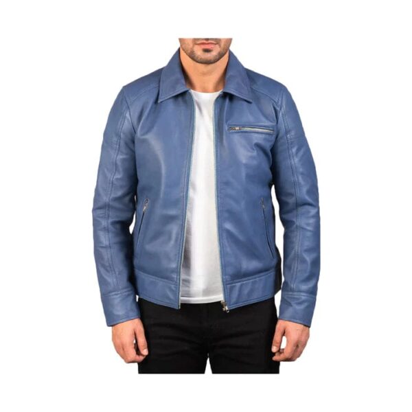 REAL LEATHER SHEEPSKIN ANILINE ZIPPER LAVENDARD BLUE MEN BIKER JACKET - Image 2