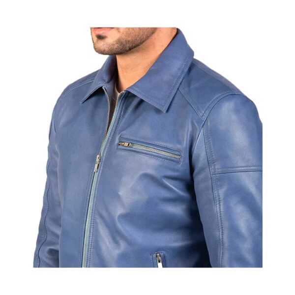 REAL LEATHER SHEEPSKIN ANILINE ZIPPER LAVENDARD BLUE MEN BIKER JACKET - Image 3