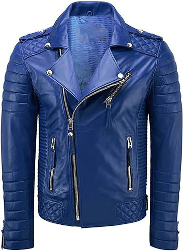 Men’s Motorcycle Leather Jacket Genuine Lambskin Royal Blue​