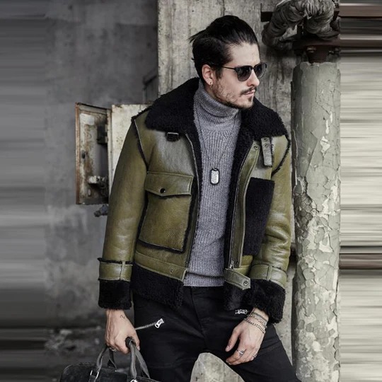 GREEN MEN’s FLYING PILOT SHEEPSKIN SHEARLING LEATHER JACKET​