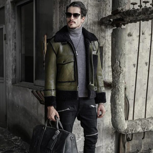 GREEN MEN’s FLYING PILOT SHEEPSKIN SHEARLING LEATHER JACKET​ - Image 2