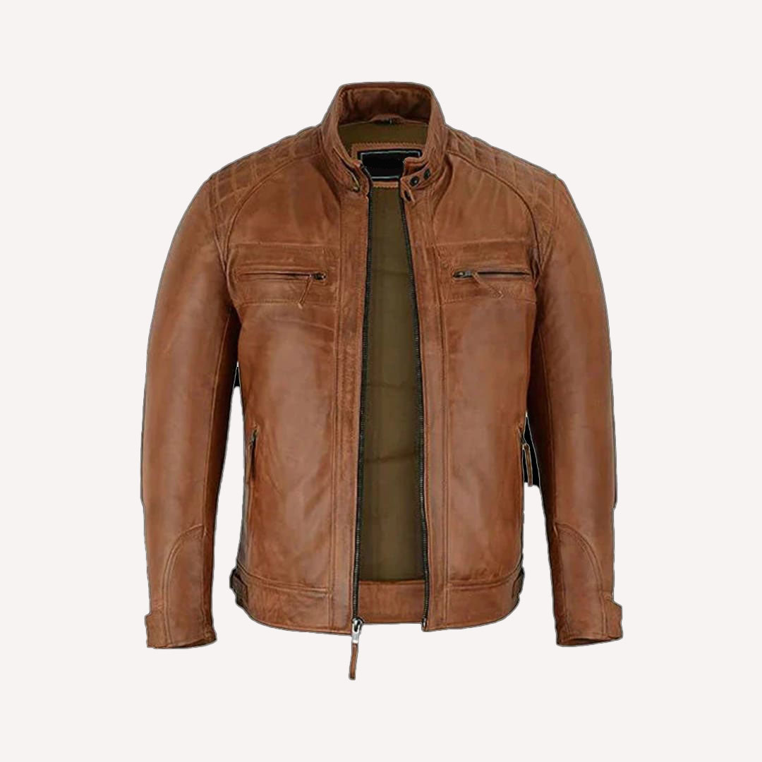 MEN’S RACER WAXED LAMBSKIN BROWN LEATHER JACKET​  ​