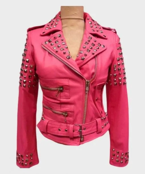 WOMEN PINK GOLDEN STUDDED BIKER JACKET