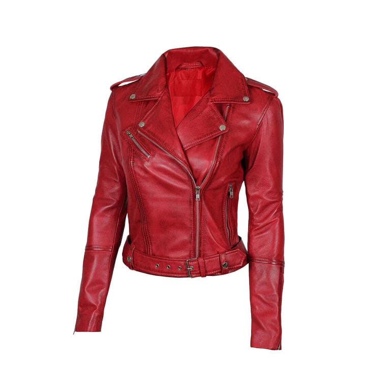Women’s Red Asymmetrical Motorcycle Leather Jacket