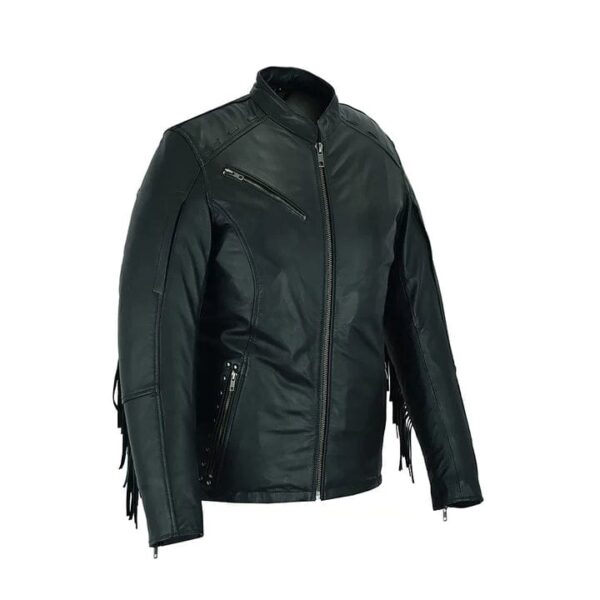 Ladies Black Fringe and Rivet Leather Jacket - Image 2