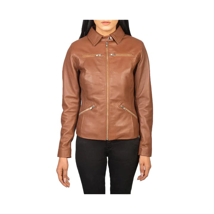 WOMEN’S TAN BROWN LEATHER JACKET WITH SHIRT COLLAR STYLE