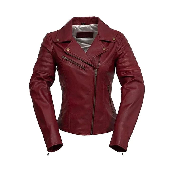 WOMENS MAROON ASYMMETRICAL LEATHER BIKER JACKET