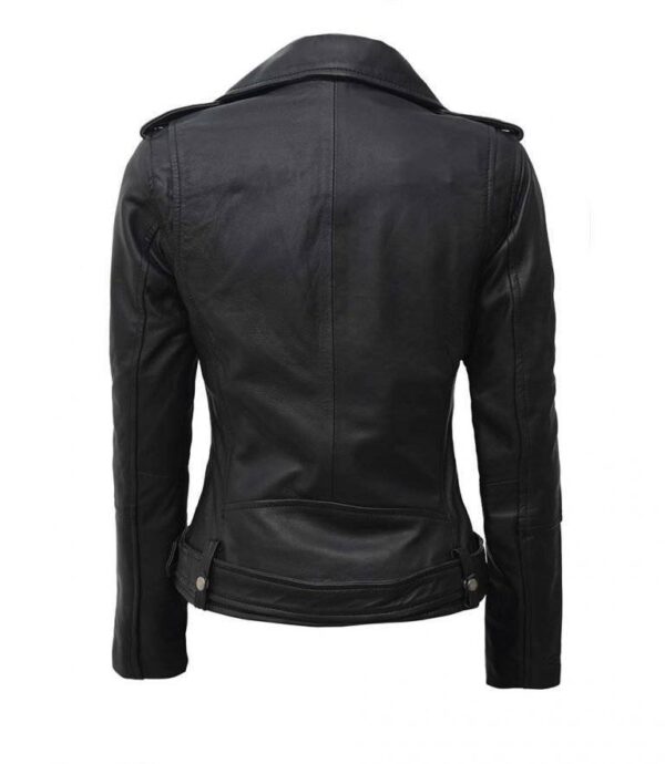 Women’s Black Belted Asymmetrical Moto Leather Jacket - Image 2