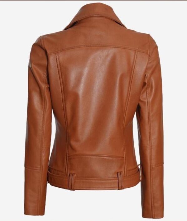 WOMEN’S BROWN ASYMMETRICAL MOTORCYCLE LEATHER JACKET - Image 2