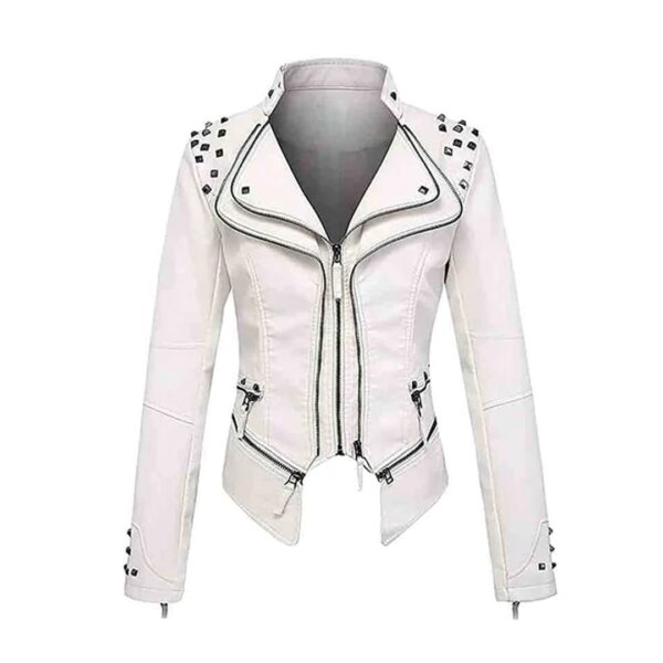WHITE STUDDED BIKER LEATHER JACKET