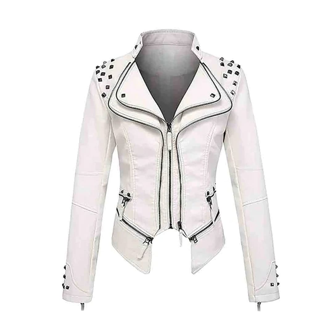 WHITE STUDDED BIKER LEATHER JACKET