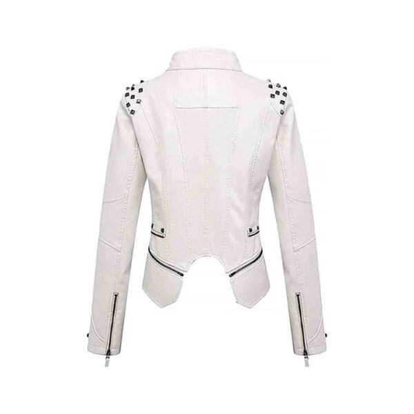 WHITE STUDDED BIKER LEATHER JACKET - Image 2