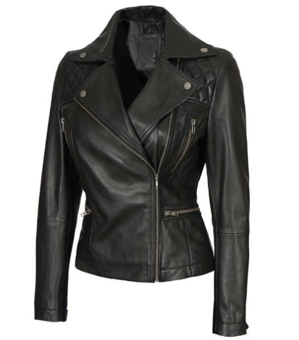 WOMEN'S ASYMMETRICAL BLACK QUILTED LEATHER JACKET