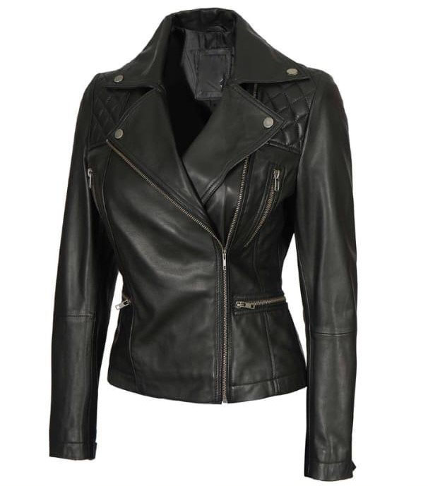WOMEN’S ASYMMETRICAL BLACK QUILTED LEATHER JACKET