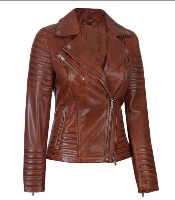 WOMENS ASYMMETRICAL BROWN LEATHER BIKER JACKET - Image 3