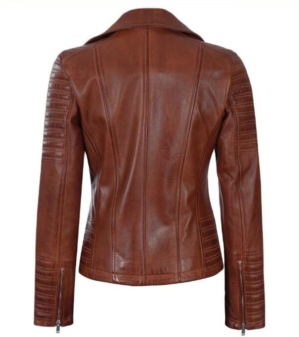WOMENS ASYMMETRICAL BROWN LEATHER BIKER JACKET - Image 2