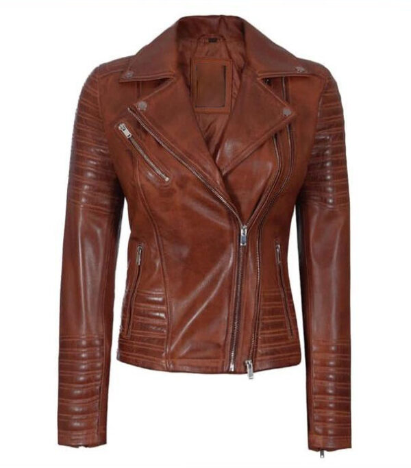 WOMENS ASYMMETRICAL BROWN LEATHER BIKER JACKET