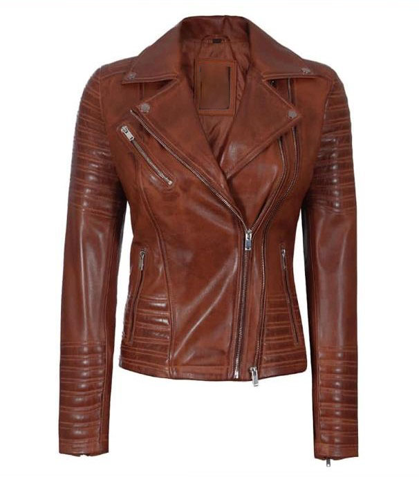 WOMENS ASYMMETRICAL BROWN LEATHER BIKER JACKET