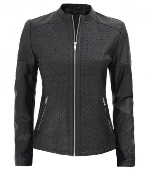 WOMEN'S BLACK TEXTURED CAFE RACER LEATHER JACKET