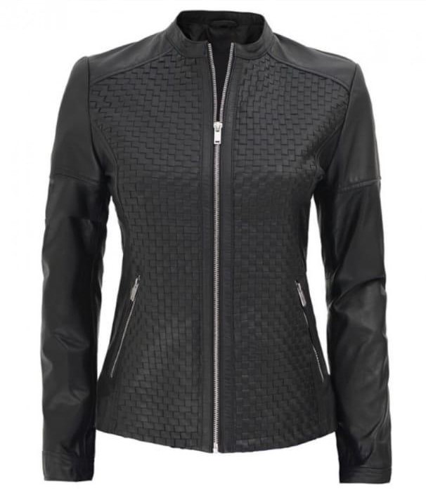 WOMEN’S BLACK TEXTURED CAFE RACER LEATHER JACKET