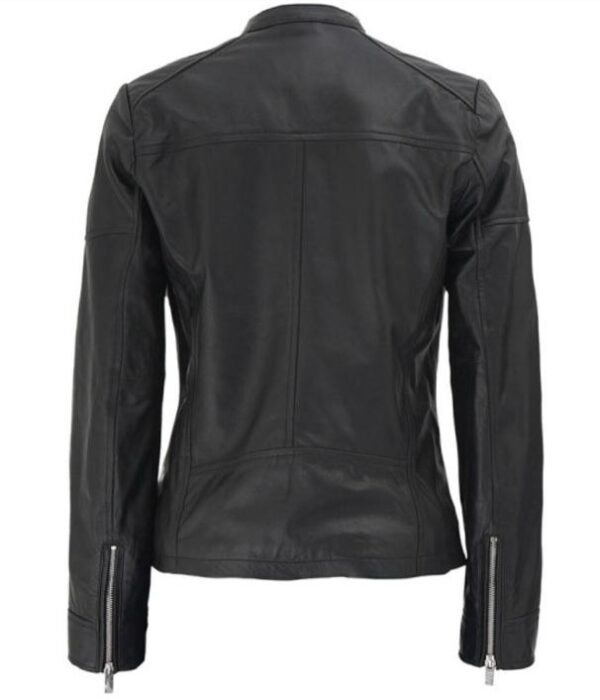 WOMEN'S BLACK TEXTURED CAFE RACER LEATHER JACKET - Image 2